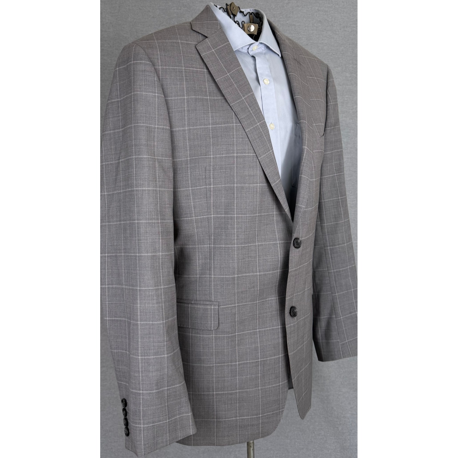 Saks Fifth Avenue Mens 46l Grey Windowpane 100% Wool Trim Fit Blazer Sport Coat